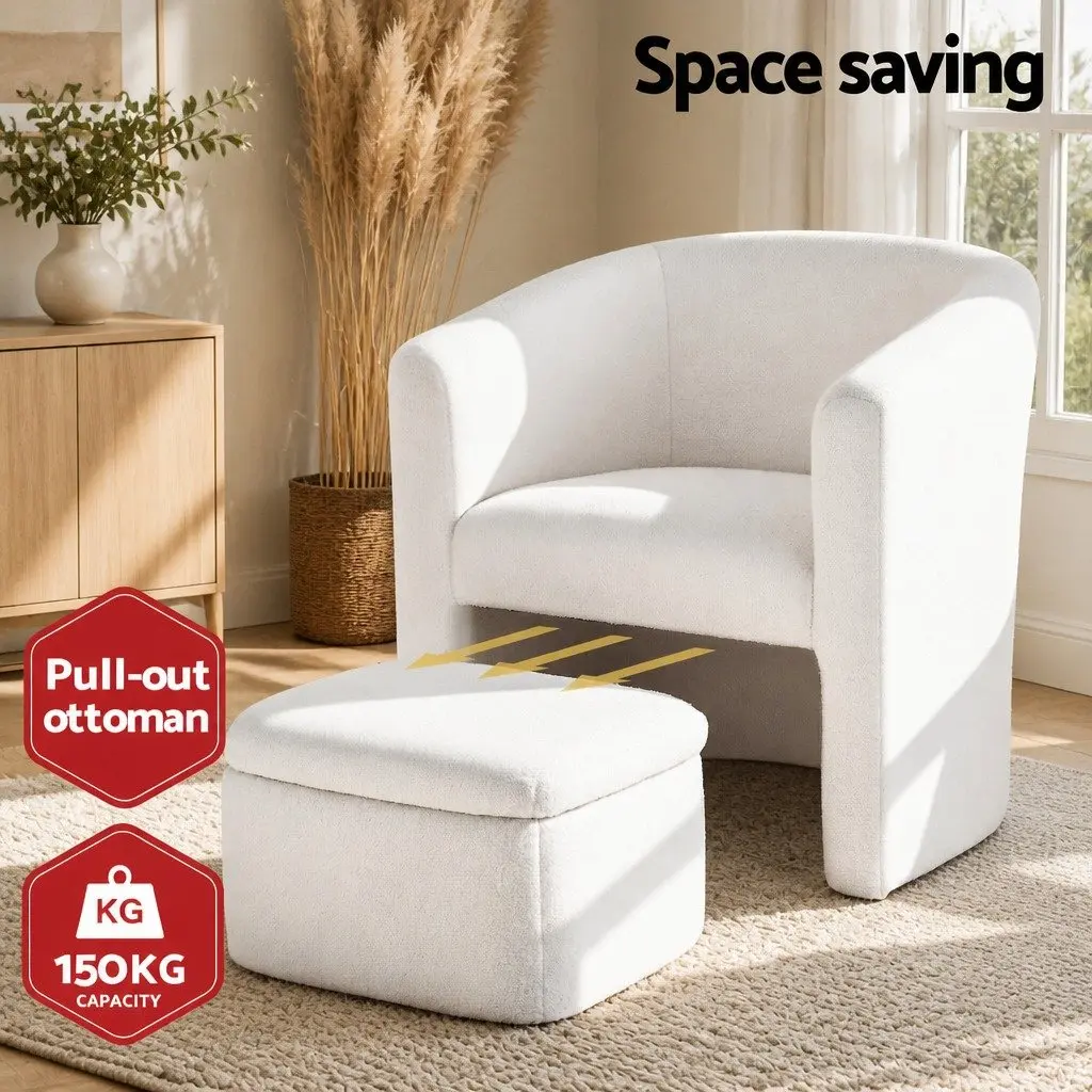 Armchair Accent Chair with Ottoman Storage Footrest Soft Upholstered White