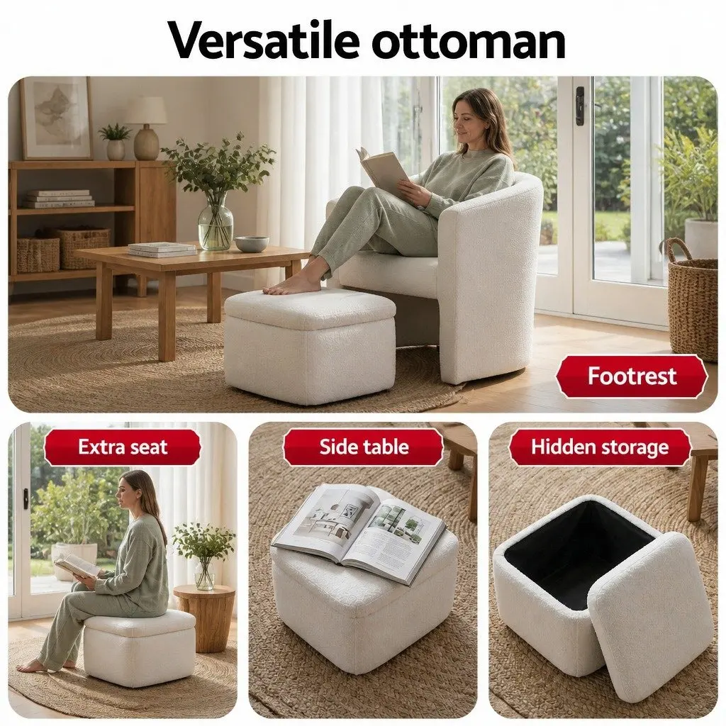 Armchair Accent Chair with Ottoman Storage Footrest Soft Upholstered White