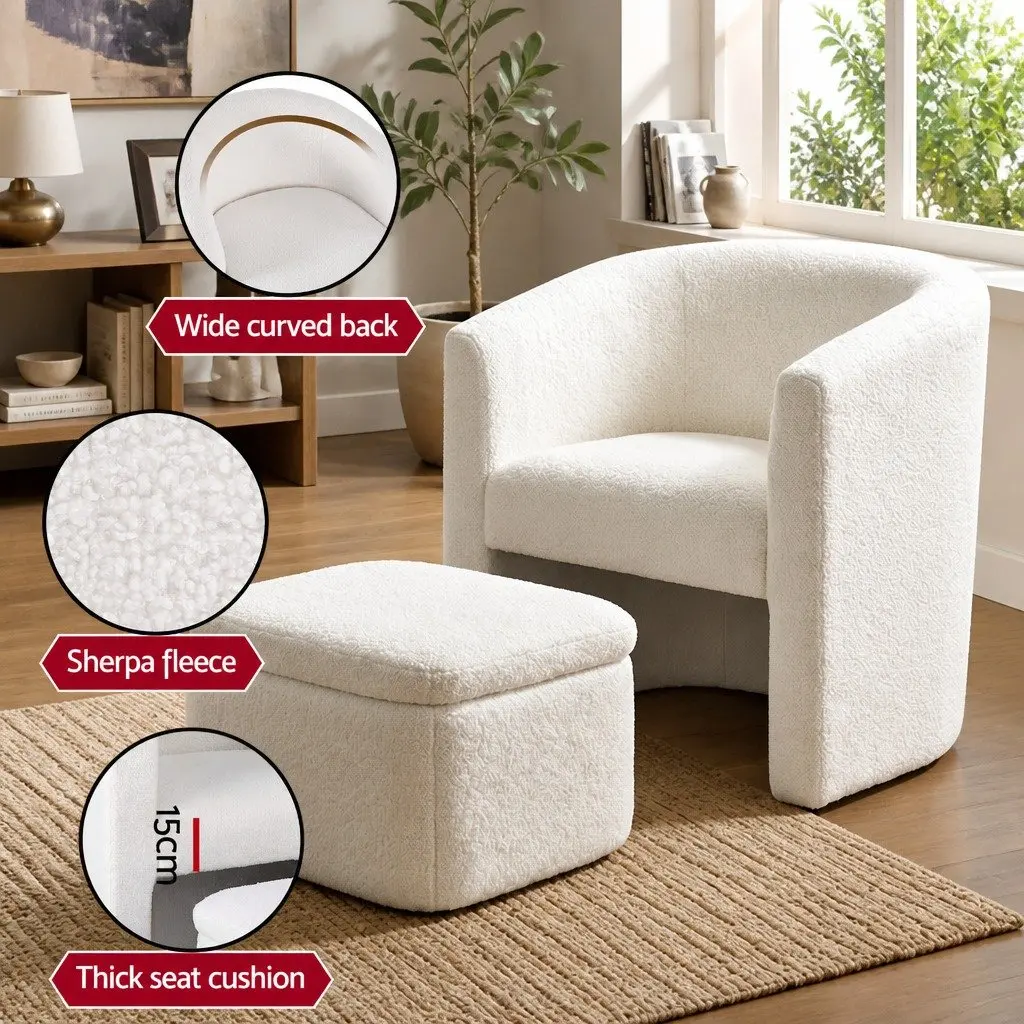 Armchair Accent Chair with Ottoman Storage Footrest Soft Upholstered White