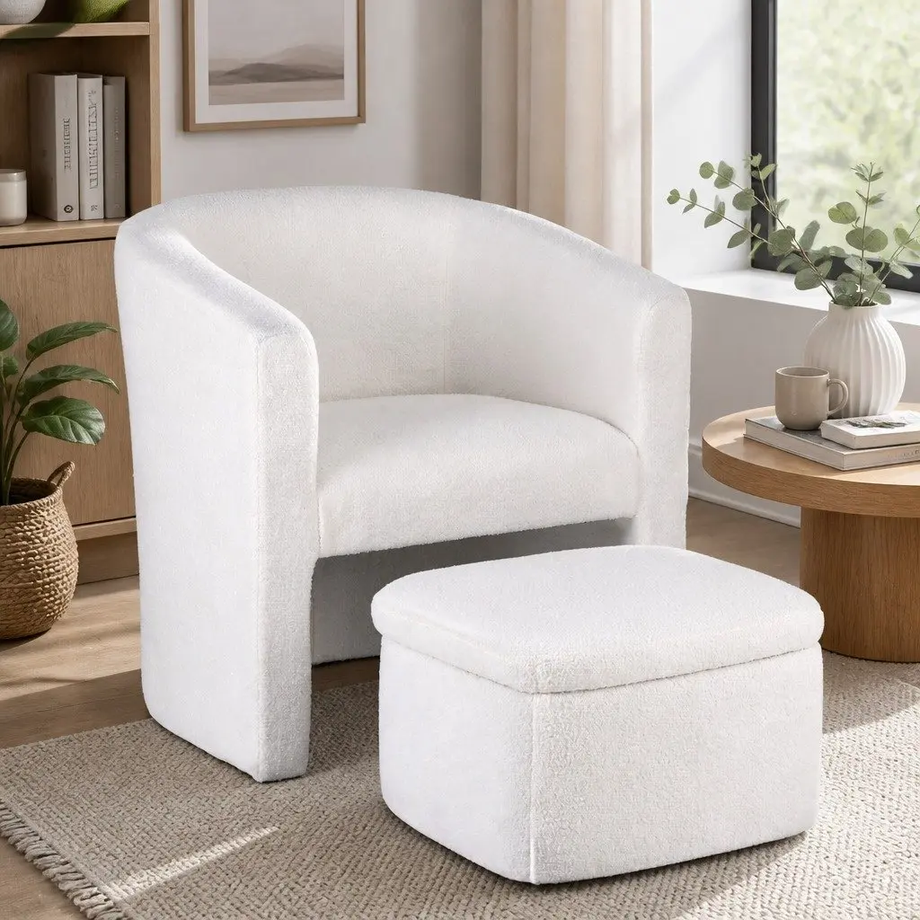 Armchair Accent Chair with Ottoman Storage Footrest Soft Upholstered White