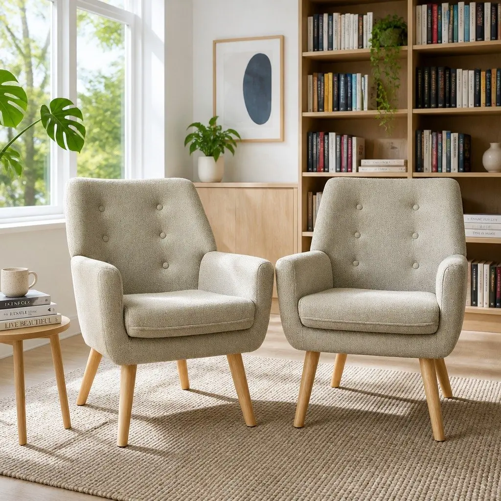 Armchair Lounge Chair Accent Tub Chair Beige Upholstered Seating Furniture Set