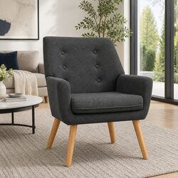 Armchair Linen Fabric Anne Charcoal Full Size Seating Tufted Button Design