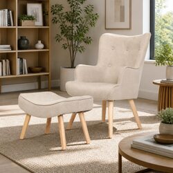 Armchair Set with Ottoman Beige Tufted Design Scandinavian Style Lounge Seating