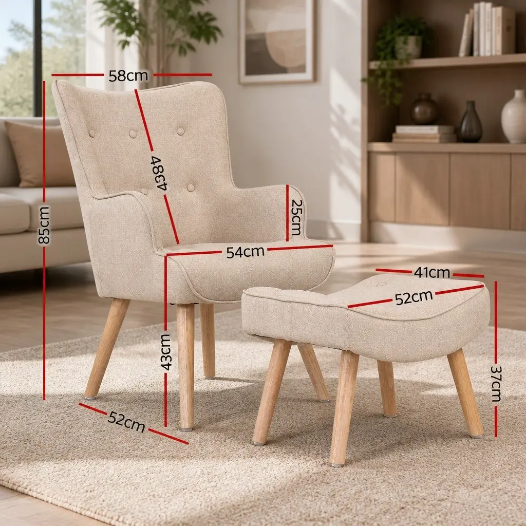 Armchair Set with Ottoman Beige Tufted Design Scandinavian Style Lounge Seating