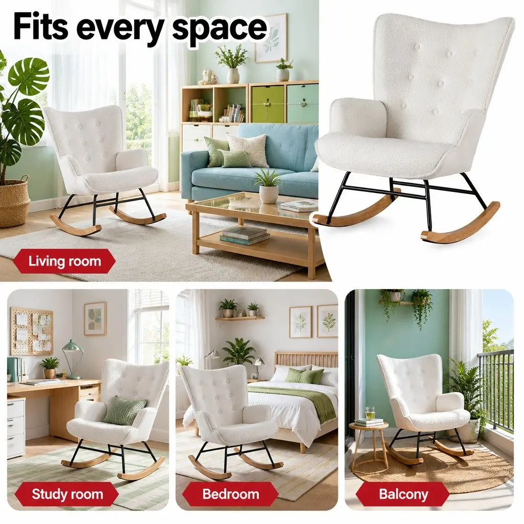 Rocking Armchair Nursing Chair Boucle Upholstery White Accent Seat