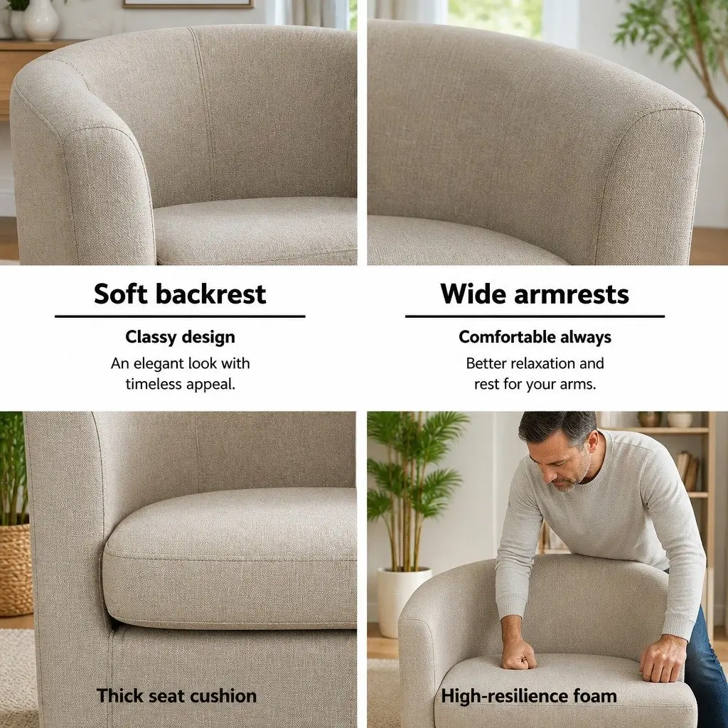 Armchair Beige Upholstered Faux Linen Fabric Full Size Seating Foam