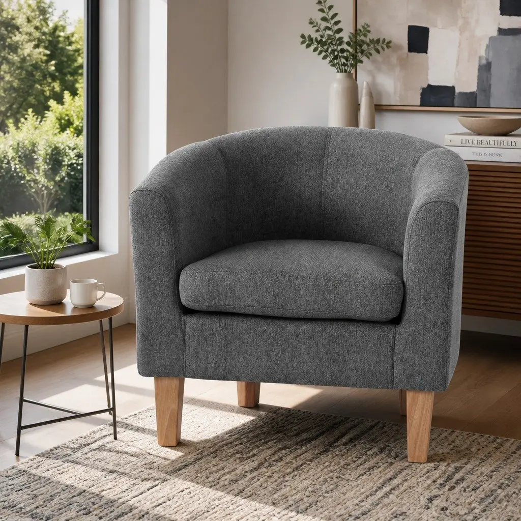 Grey Armchair Tub Chair Contoured Backrest Extra Thick Foam Padding Modern Lounge