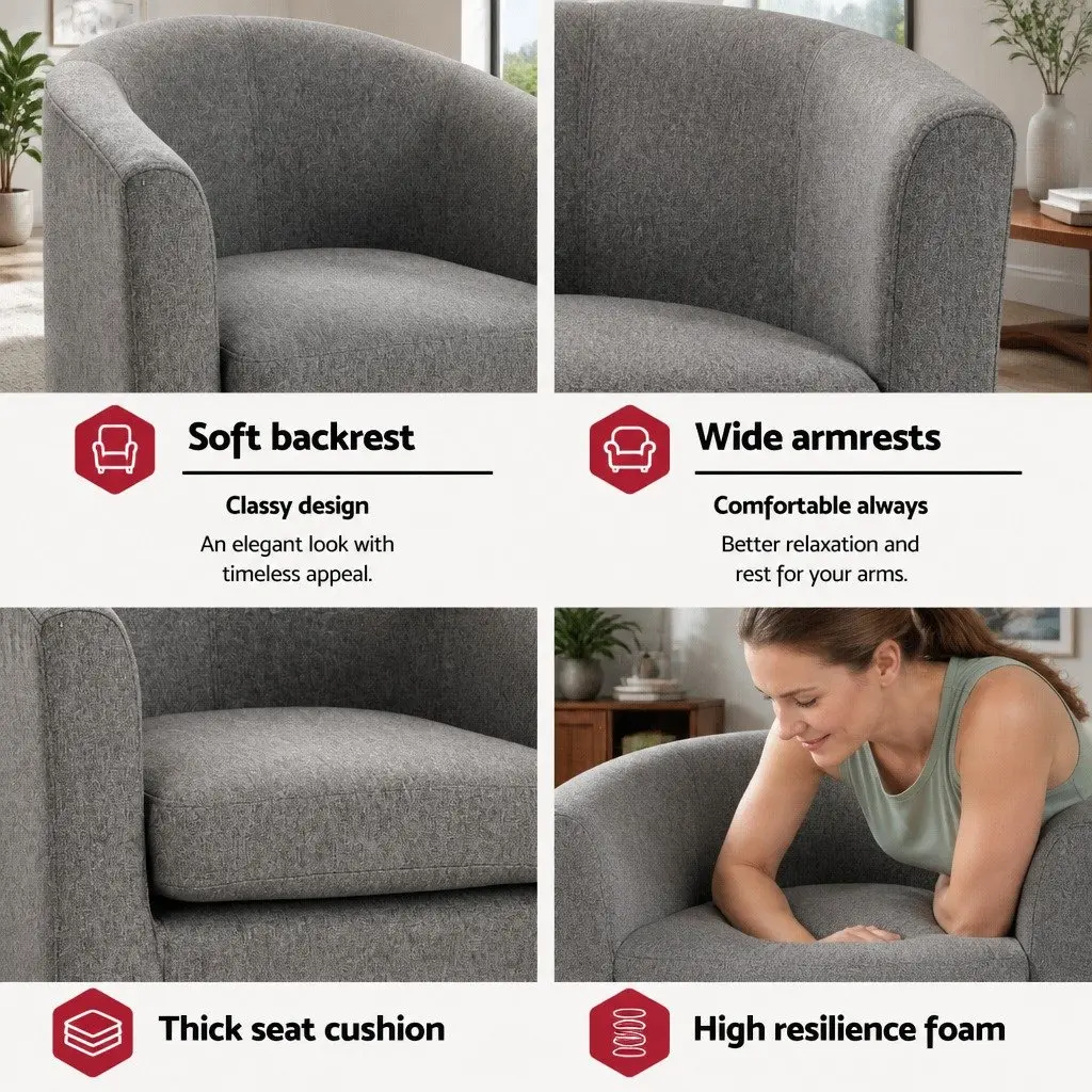 Grey Armchair Tub Chair Contoured Backrest Extra Thick Foam Padding Modern Lounge