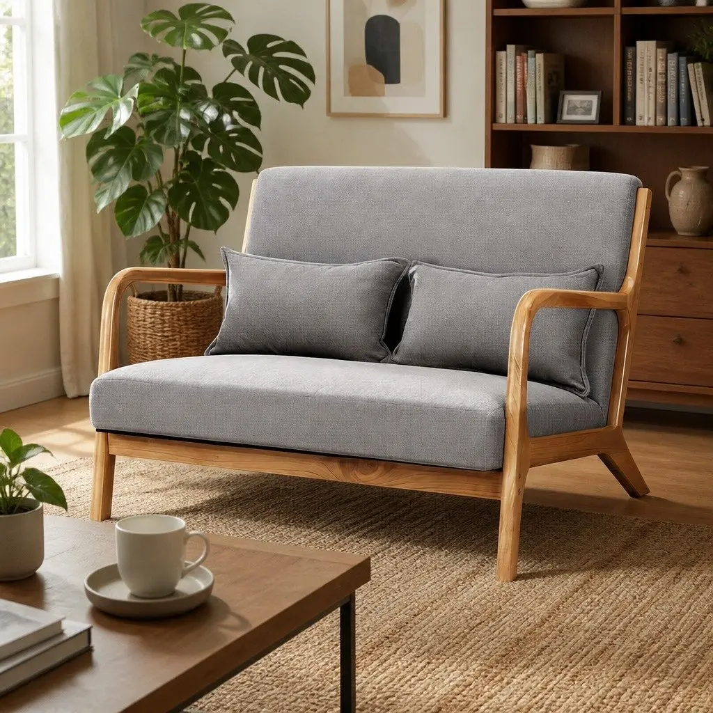 2-Seater Armchair Modern Sofa Light Grey Rubber Wood Frame