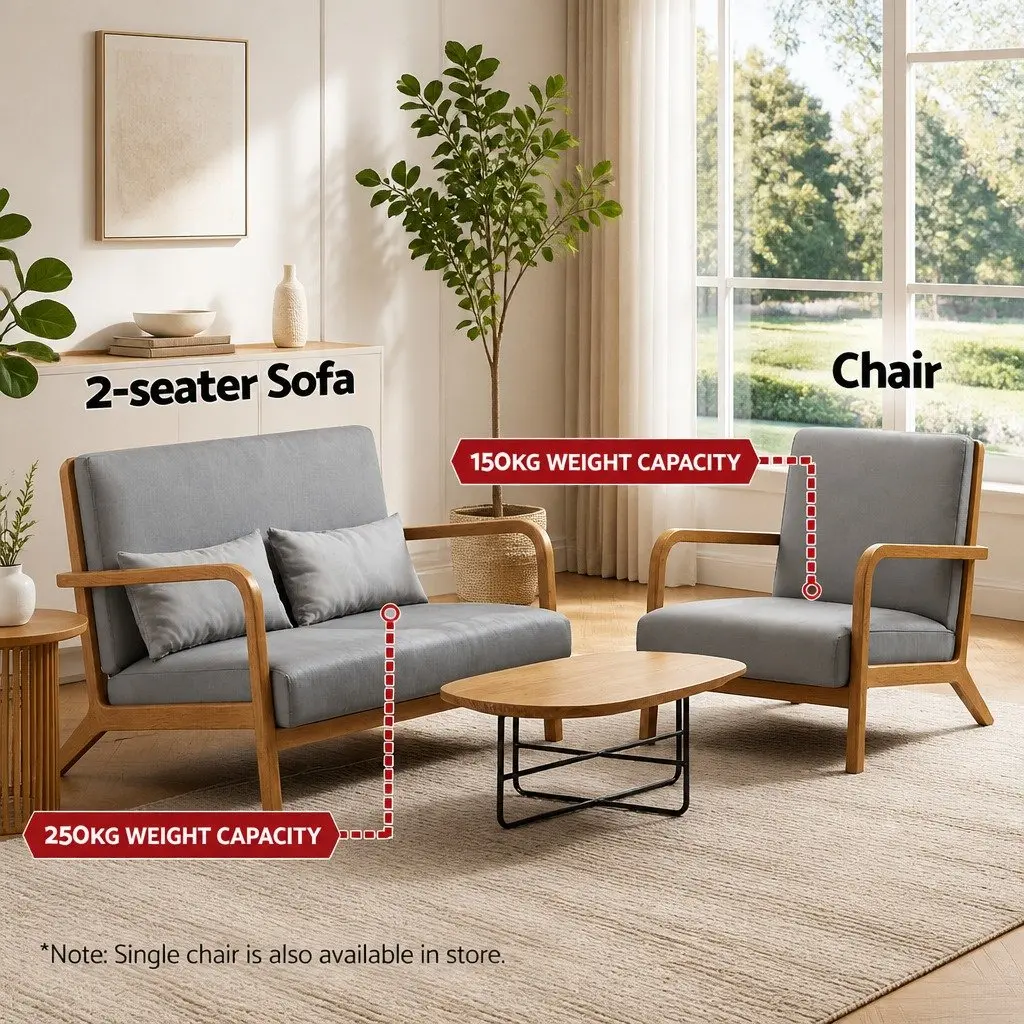 2-Seater Armchair Modern Sofa Light Grey Rubber Wood Frame