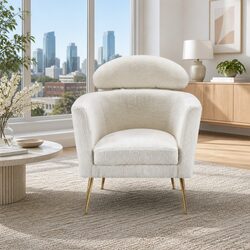White Armchair Boucle Fabric Modern Scandinavian Design Cushioned Accent Chair
