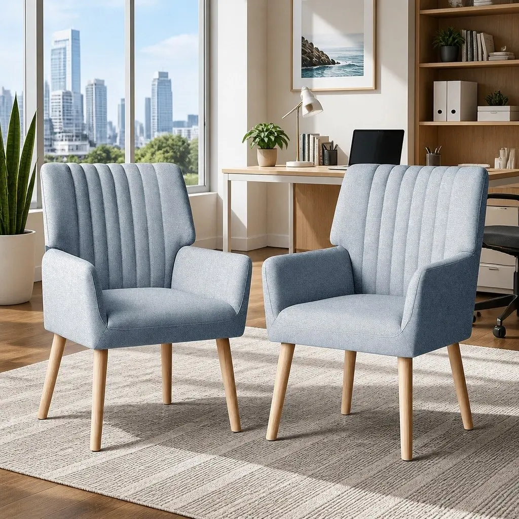 2X Armchair Grey Faux Fabric Lounge Chair with Wood Legs Relaxation Seating