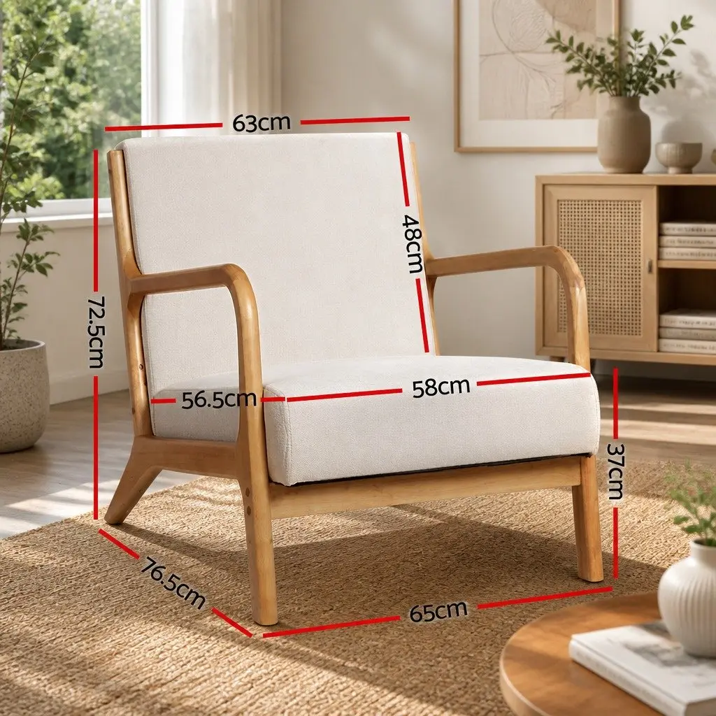 Armchair Fabric Beige Lounge Chair with Rubber Wood Legs Comfortable Seating