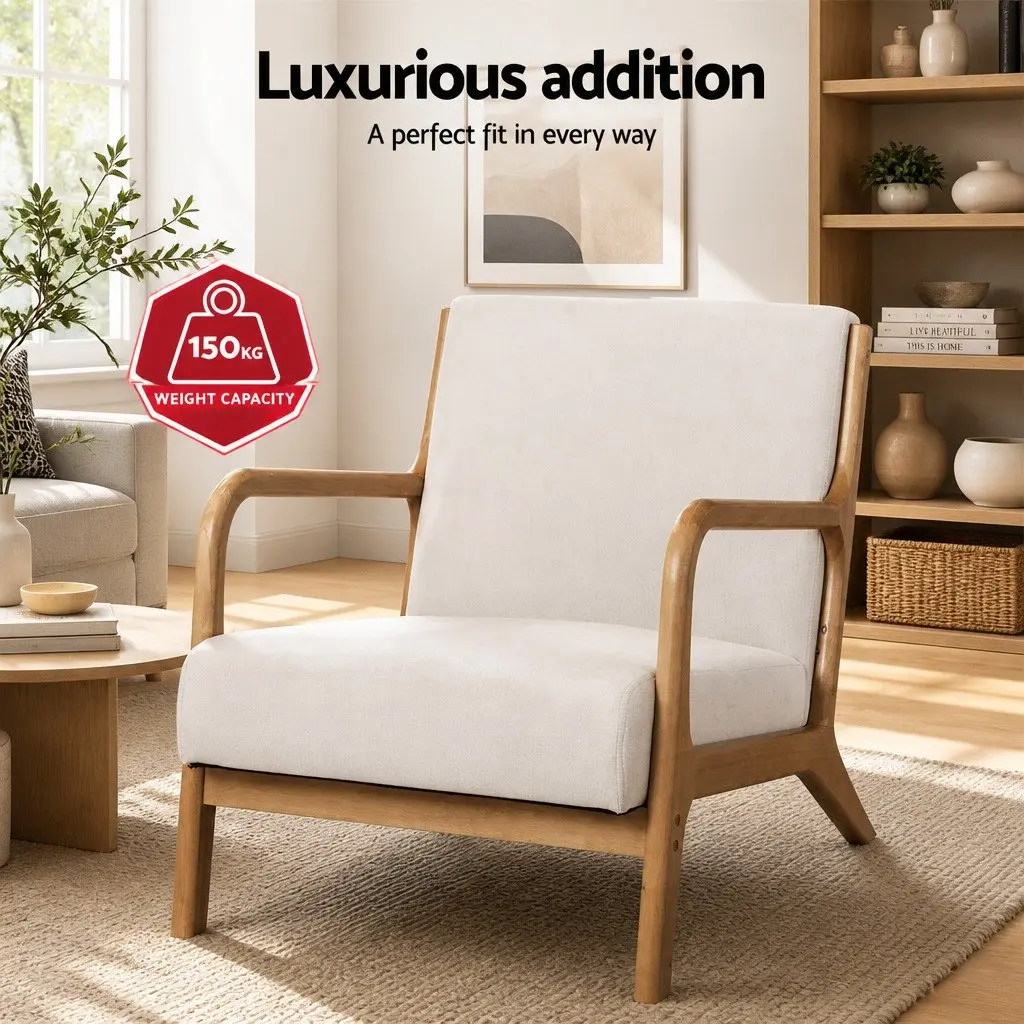 Armchair Fabric Beige Lounge Chair with Rubber Wood Legs Comfortable Seating