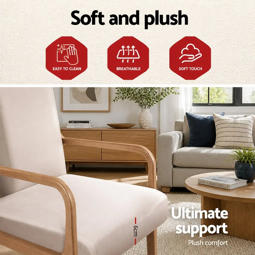 Armchair Fabric Beige Lounge Chair with Rubber Wood Legs Comfortable Seating