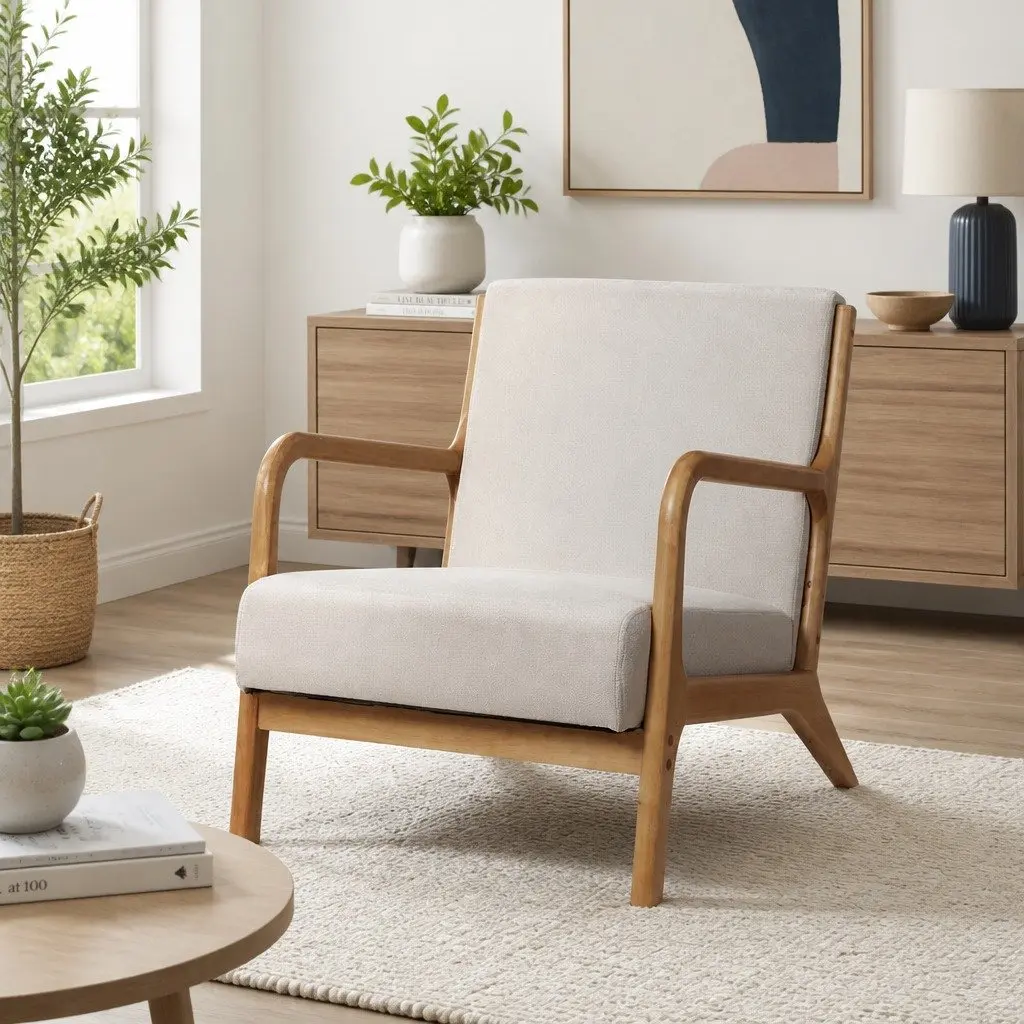 Armchair Fabric Beige Lounge Chair with Rubber Wood Legs Comfortable Seating
