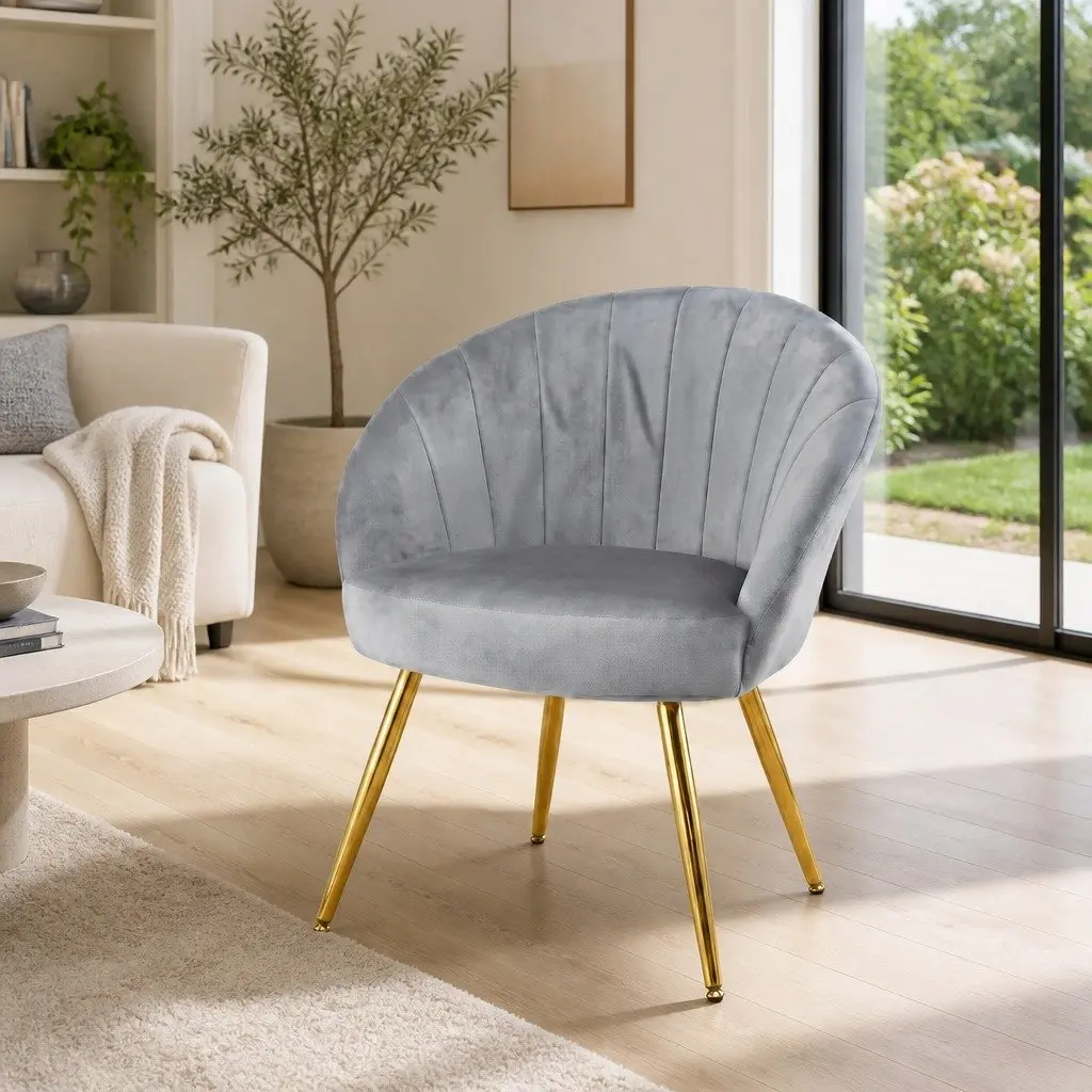 Grey Velvet Armchair Upholstered Accent Chair with Golden Legs