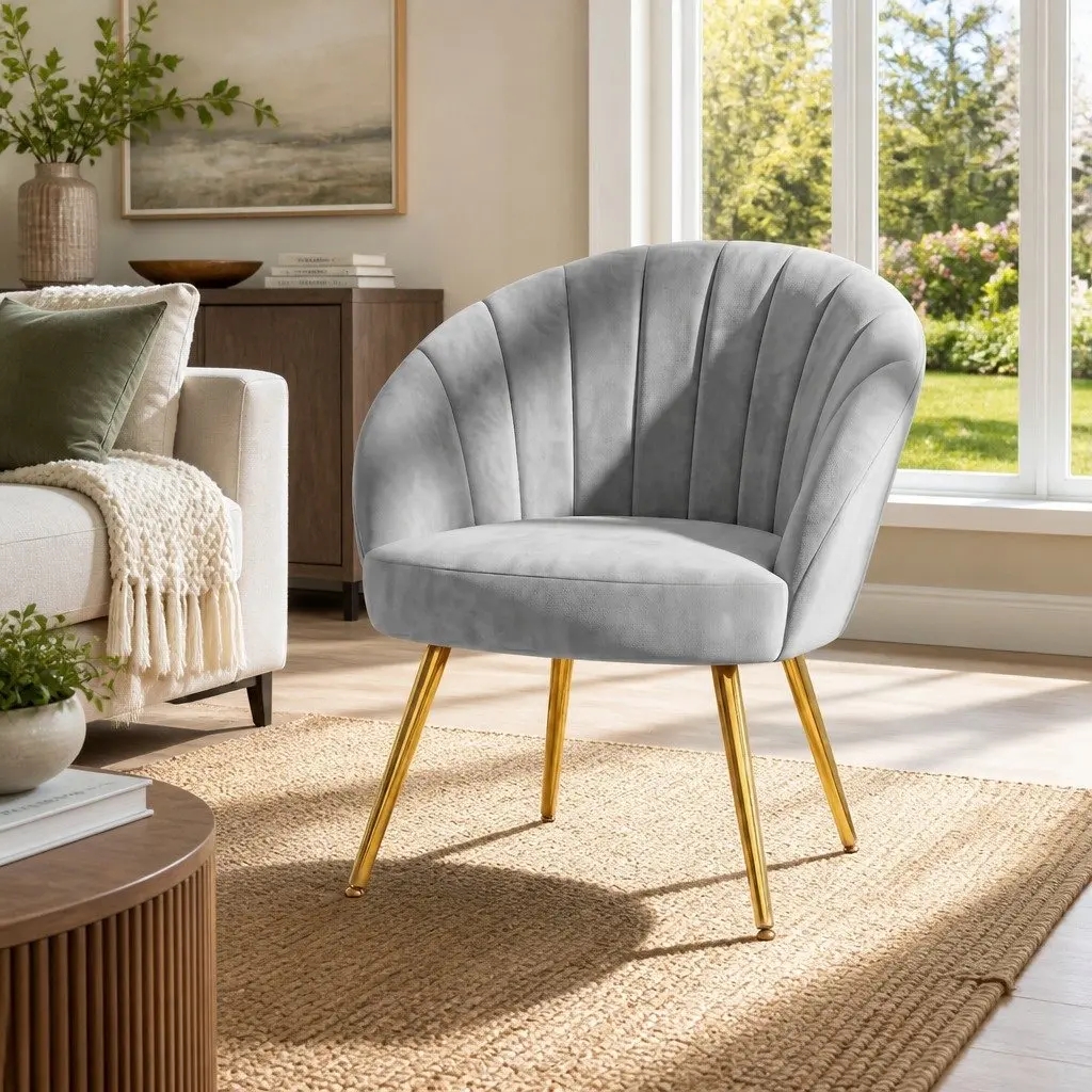 Grey Velvet Armchair Upholstered Accent Chair with Golden Legs