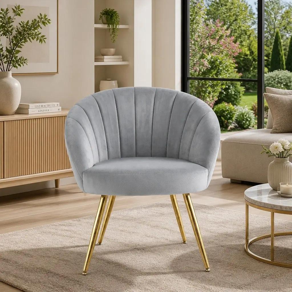 Grey Velvet Armchair Upholstered Accent Chair with Golden Legs