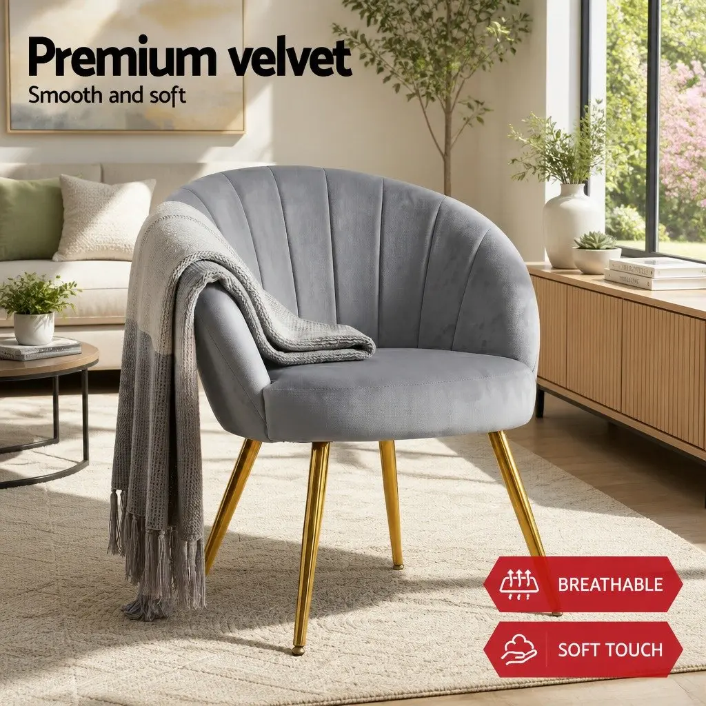 Grey Velvet Armchair Upholstered Accent Chair with Golden Legs