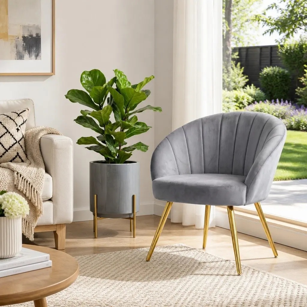 Grey Velvet Armchair Upholstered Accent Chair with Golden Legs