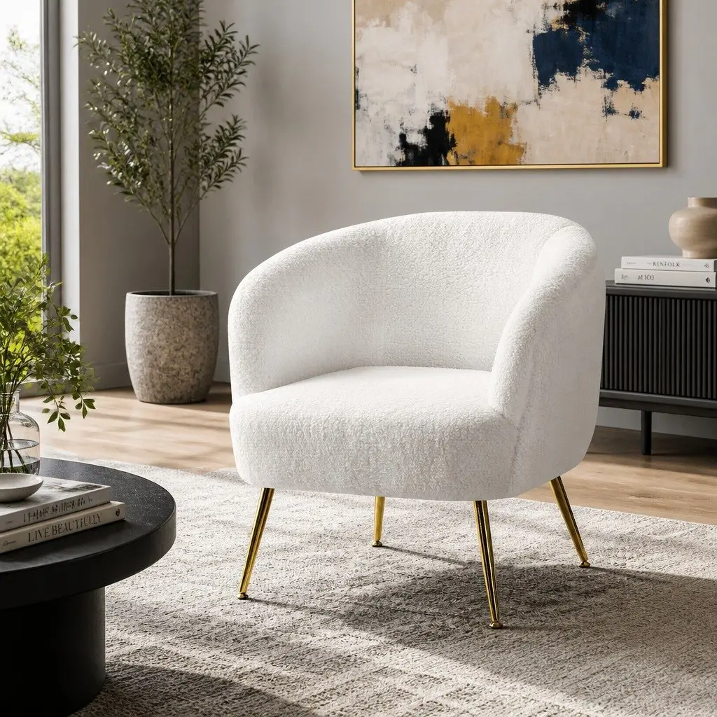 Armchair Lounge Chair Accent Sherpa Boucle White Relaxation Seat Winged Backrest