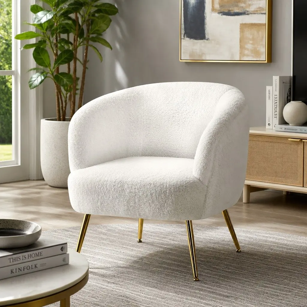 Armchair Lounge Chair Accent Sherpa Boucle White Relaxation Seat Winged Backrest