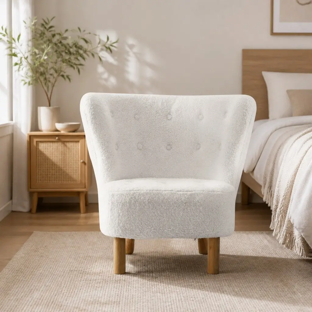 Armchair High-Back Curved Winged Backrest White Sherpa Fabric