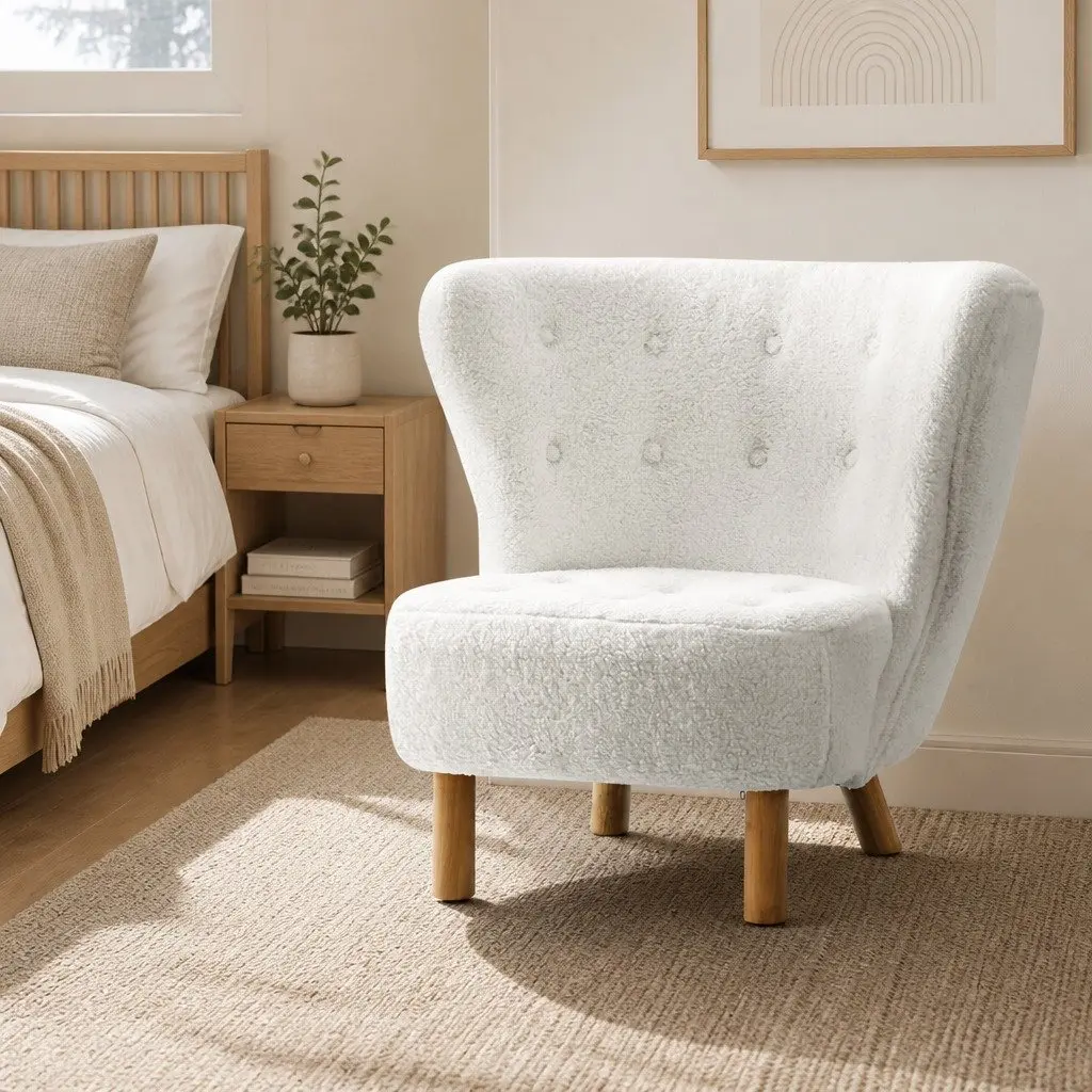 Armchair High-Back Curved Winged Backrest White Sherpa Fabric