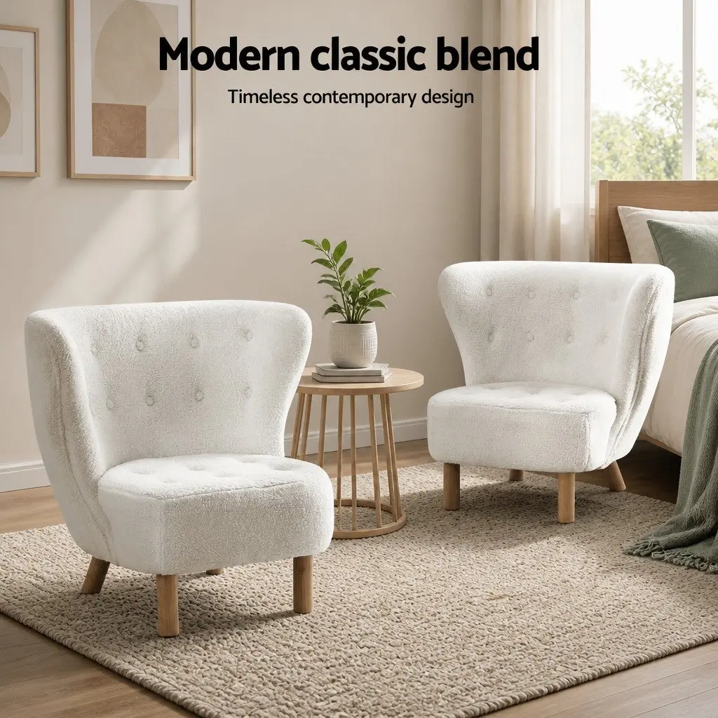 Armchair High-Back Curved Winged Backrest White Sherpa Fabric