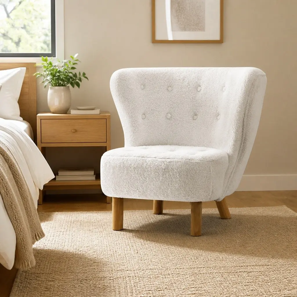 Armchair High-Back Curved Winged Backrest White Sherpa Fabric