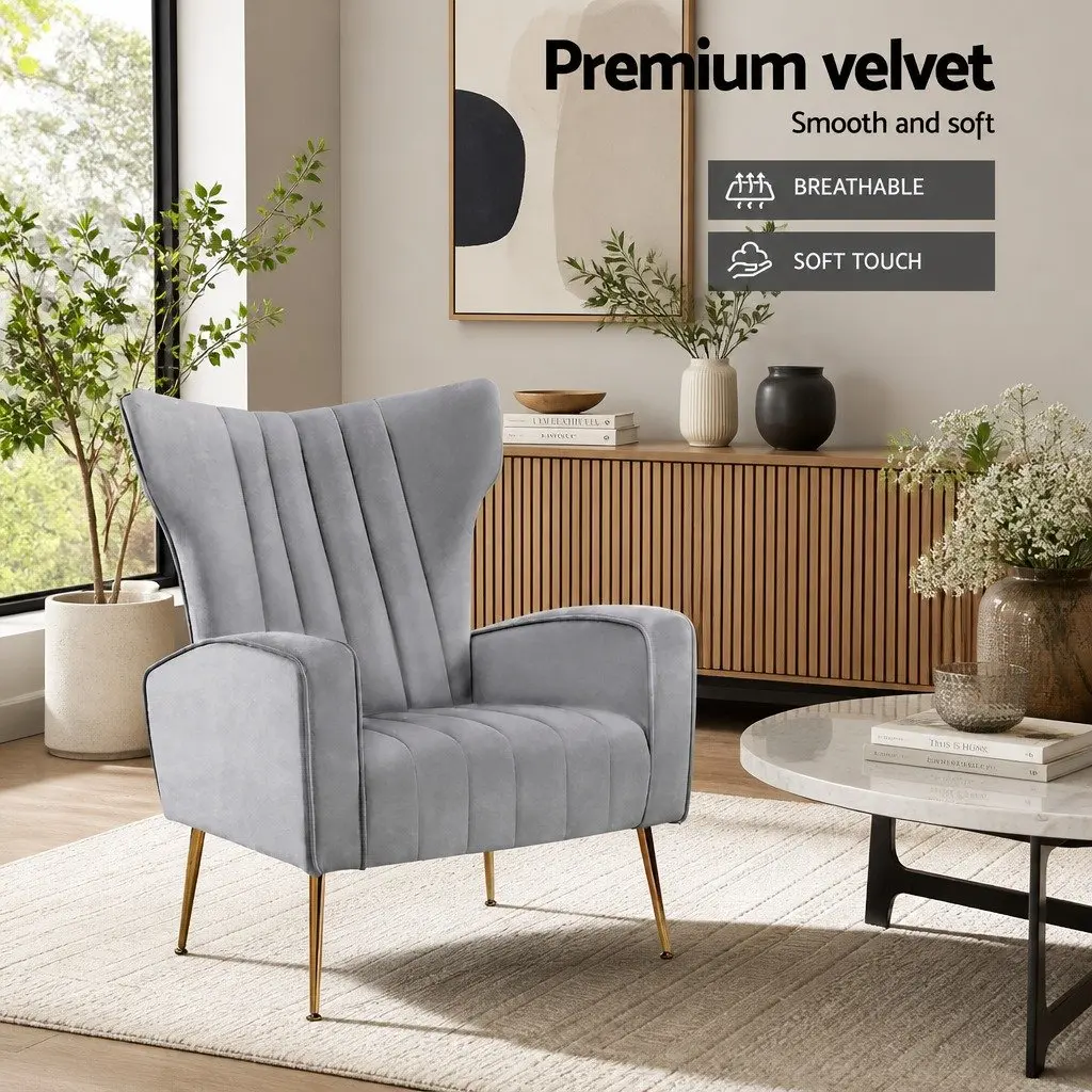 Grey Velvet Armchair High Back Extra Wide Seat Splayed Metal Legs