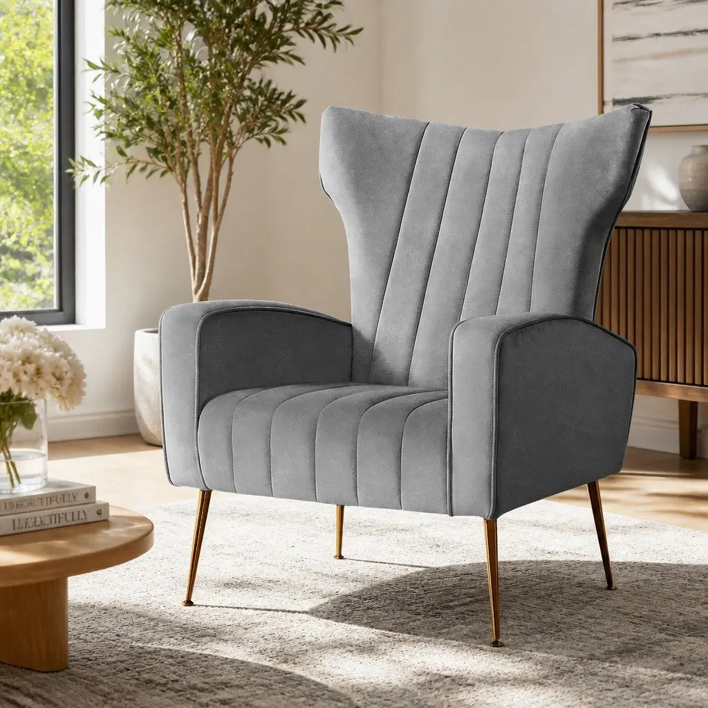 Grey Velvet Armchair High Back Extra Wide Seat Splayed Metal Legs