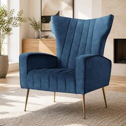 Navy Velvet Armchair High Back Wide Seat Wooden Frame Golden Legs Accent Chair