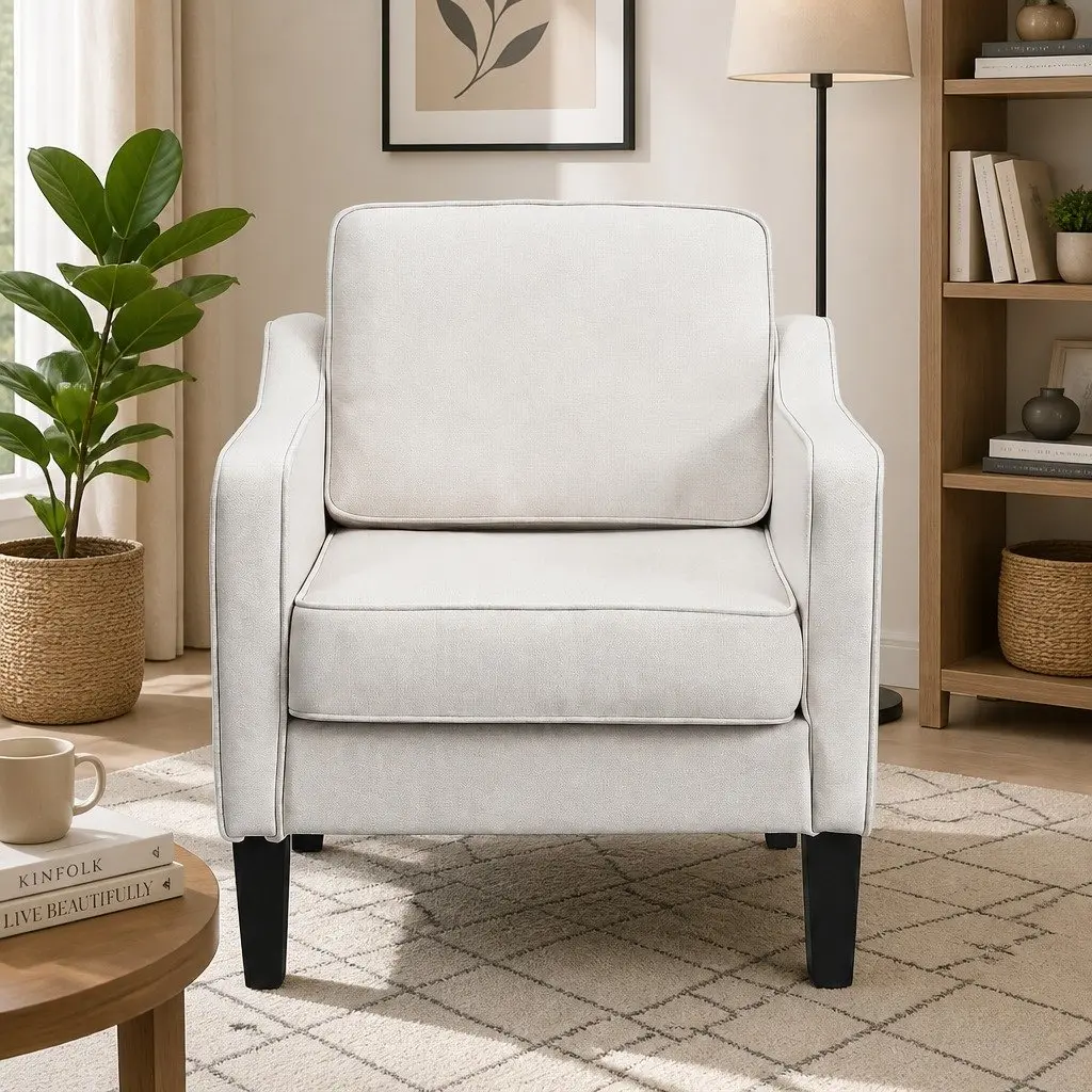 Accent Chair Thick Cushion Curved Armrest Linen Fabric White
