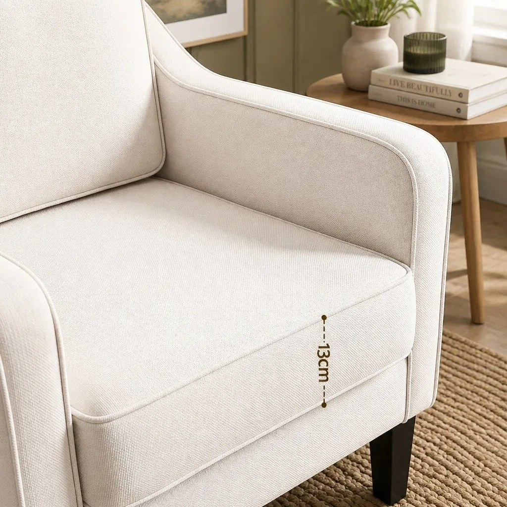 Accent Chair Thick Cushion Curved Armrest Linen Fabric White