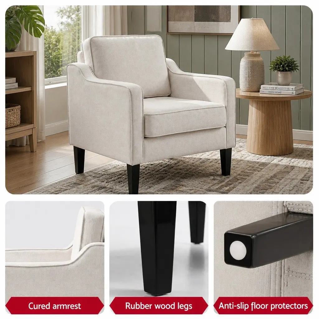 Accent Chair Thick Cushion Curved Armrest Linen Fabric White