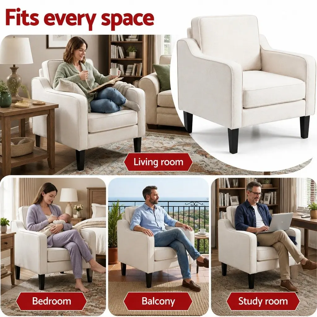 Accent Chair Thick Cushion Curved Armrest Linen Fabric White