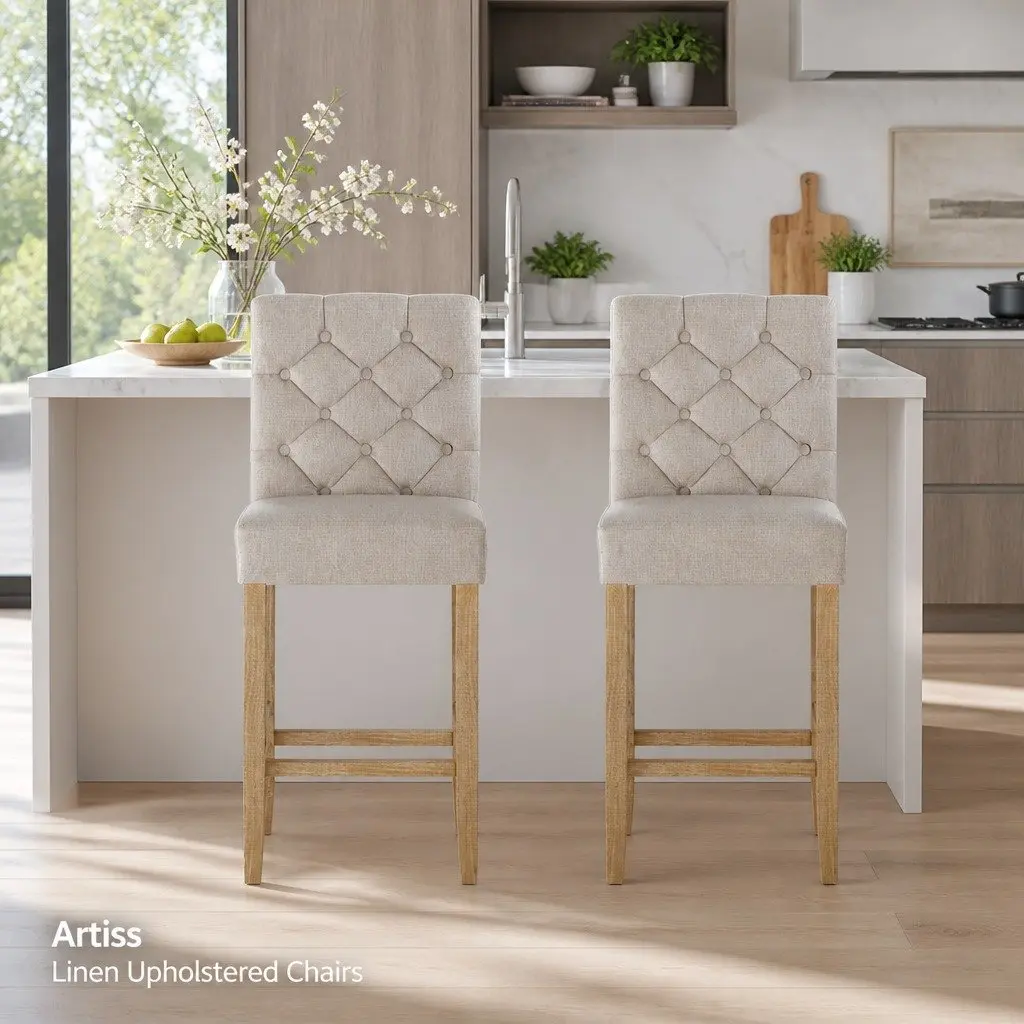 Bar Stools Linen Upholstered Chairs Set of 2 Tufted Button High Backrest