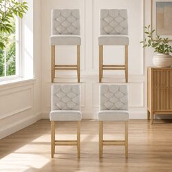 Set of 4 Bar Stools Linen Upholstered High Backrest Footrest Kitchen Dining
