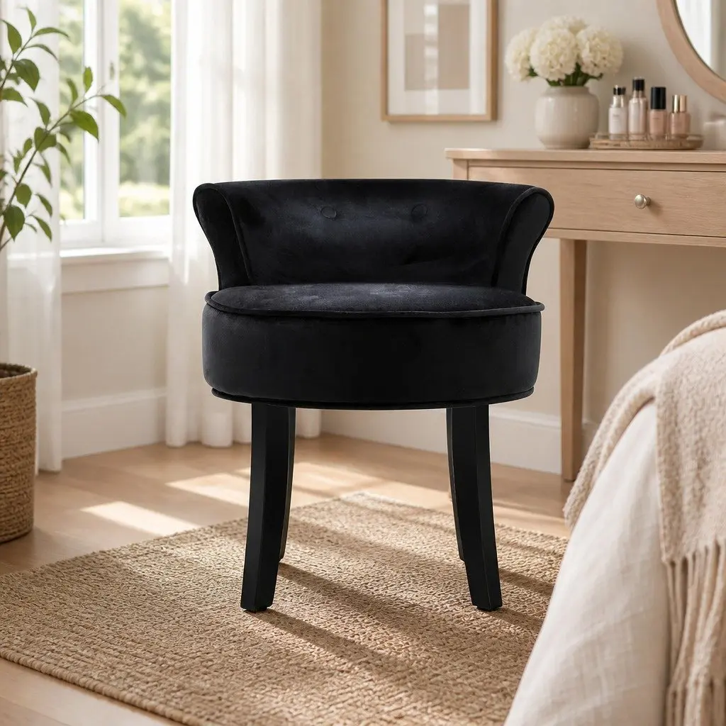 Vanity Stool Velvet Upholstered Black Button Tufted Backrest Padded Foam Seat