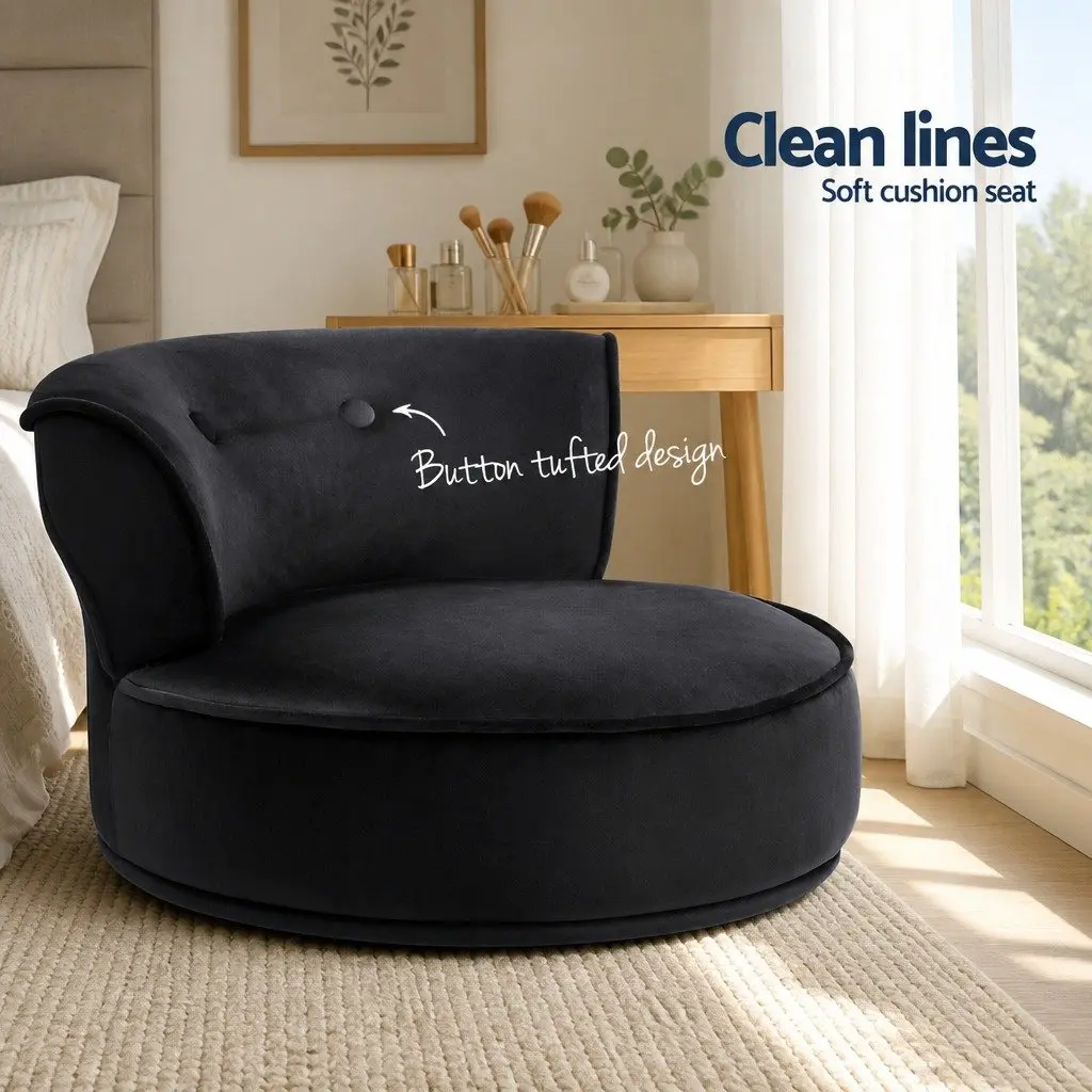 Vanity Stool Velvet Upholstered Black Button Tufted Backrest Padded Foam Seat