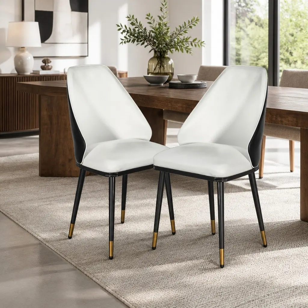 Dining Chairs Set of 2 Beige Black Leather Seat Steel Legs Contoured Backrest