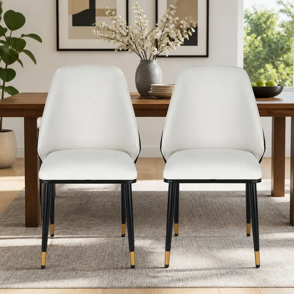 Dining Chairs Set of 2 Beige Black Leather Seat Steel Legs Contoured Backrest
