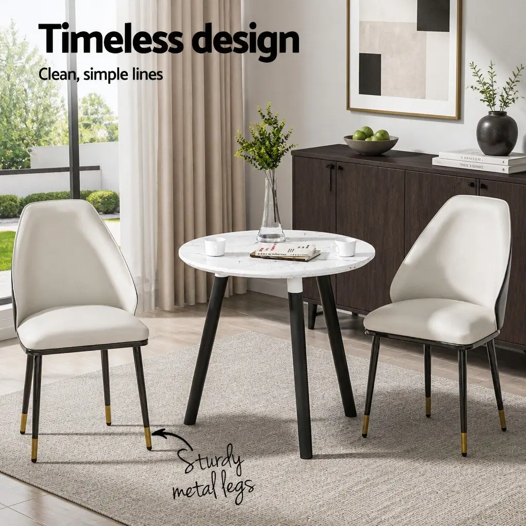 Dining Chairs Set of 2 Beige Black Leather Seat Steel Legs Contoured Backrest