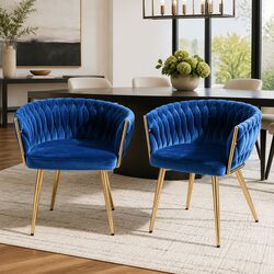 Dining Chairs Set of 2 Blue Velvet Armchair with Hand-Woven Backrest Kitchen