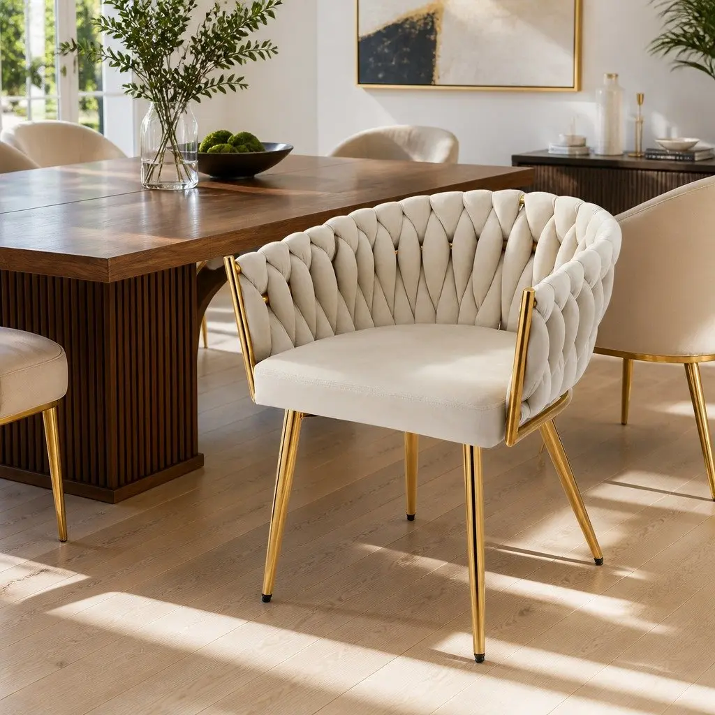 Dining Chair Velvet Armchair Beige Cushioned Backrest