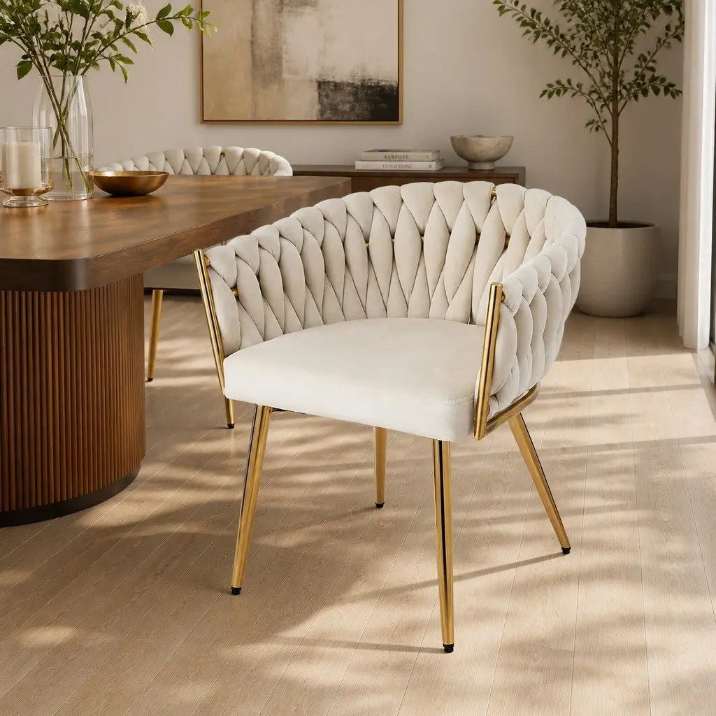 Dining Chair Velvet Armchair Beige Cushioned Backrest