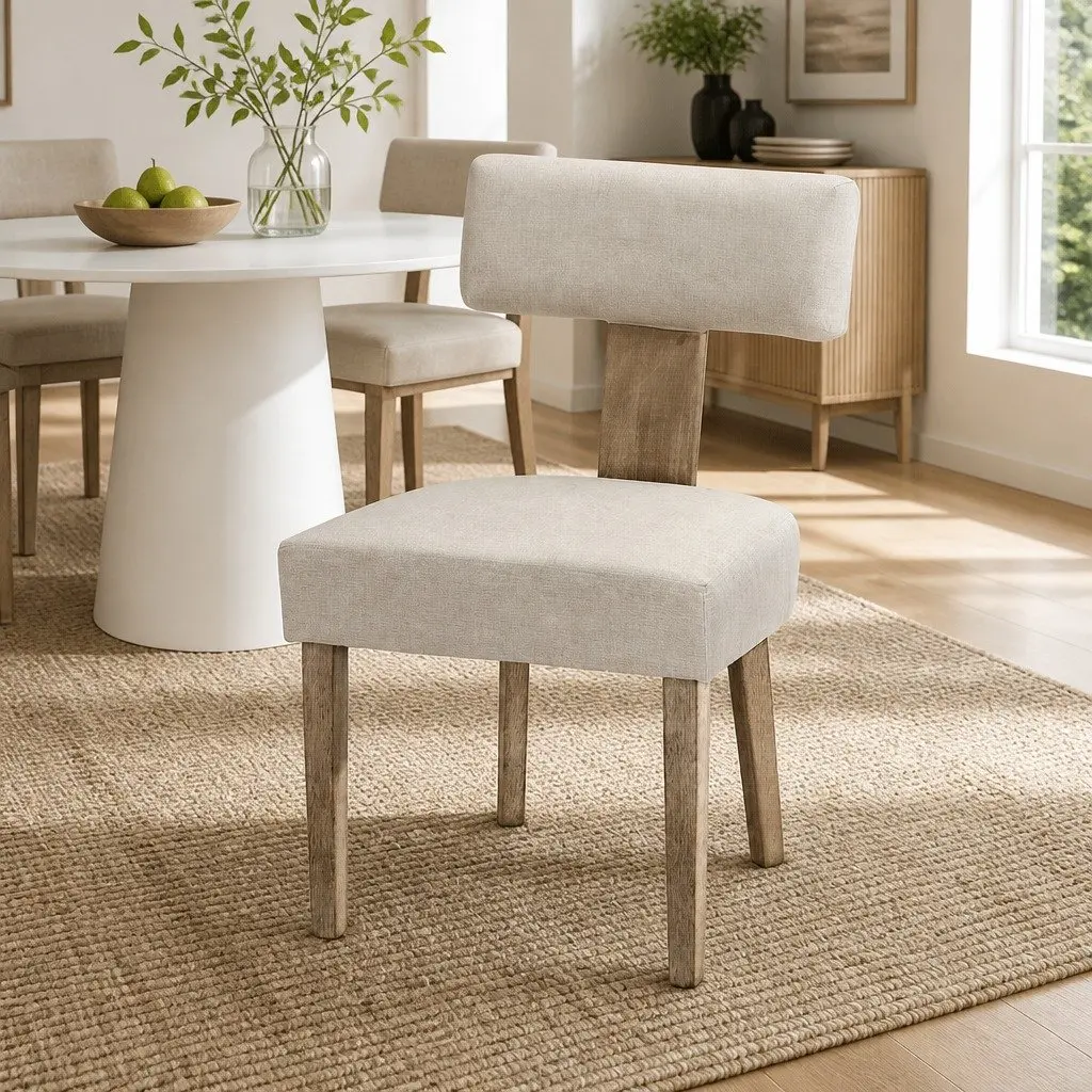 Dining Chairs Set of 2 Beige Linen Fabric Wooden Frame Padded Seat Kitchen