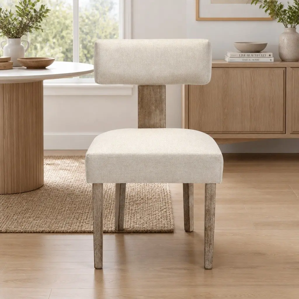 Dining Chairs Set of 2 Beige Linen Fabric Wooden Frame Padded Seat Kitchen